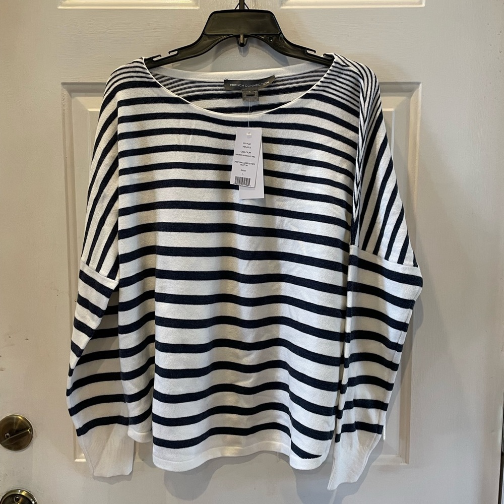 NWT French Connection Drop Shoulder Navy and White Stripe Mariner Sweater Size L